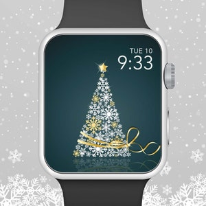 Apple Watch Wallpaper, White and Gold Snowflake Christmas Tree Apple Watch Face Design