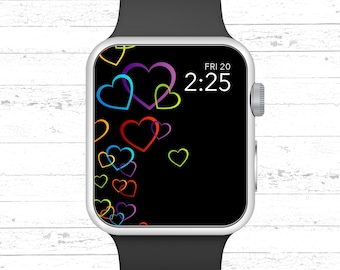 Fondo de pantalla de Apple Watch, corazones multicolores con fondo negro Diseño de esfera de Apple Watch