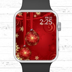 Apple Watch Wallpaper, Red/Gold Ornaments and Snowflakes Apple Watch Face Design