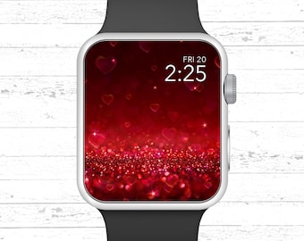 Apple Watch Wallpaper, Falling Red Glitter Hearts Apple Watch Face Design