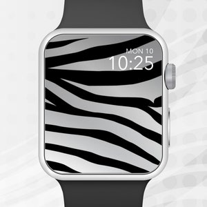 Könnte beinhalten: Eine silberne Smartwatch mit einem schwarzen Zèbre-Muster auf dem Zifferblatt. Die Uhrzeit ist 10:25 Uhr und das Datum ist MON 10.