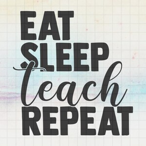 Puede incluir: Gráfico de texto en blanco y negro que dice "Comer Dormir Enseñar Repetir" sobre un fondo de acuarela rosa y azul claro.