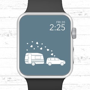 May include: A smartwatch with a blue face displaying the time 2:25 and the date FRI 20. A white silhouette of a car towing a caravan is on the screen with white hearts floating above it.