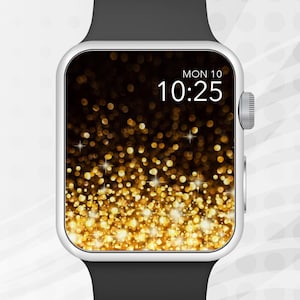 Peut inclure: Une montre connectée argentée avec un bracelet noir affiche un fond de paillettes dorées avec l'heure 10:25 et la date LUN 10.