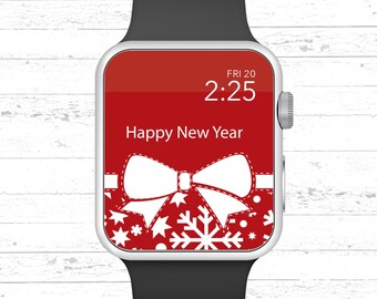 Apple Watch Wallpaper, Happy New Year Bow and Snowflakes Apple Watch Face Design
