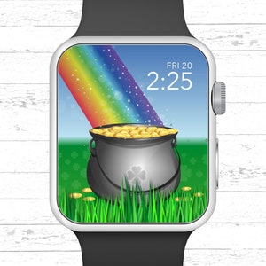 May include: A smartwatch face with a pot of gold at the end of a rainbow. The time is 2:25 and the date is FRI 20.