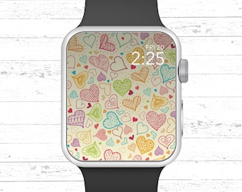 Tapeta na Apple Watch, kolorowe ręcznie rysowane serca, projekt tarczy Apple Watch