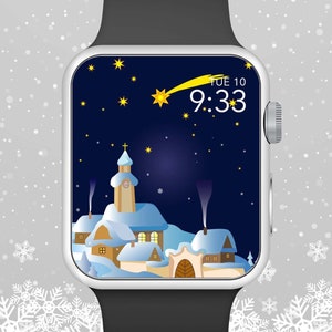 Apple Watch Wallpaper, Gingerbread Town On Snowy Hill With Stars In The Night Sky Apple Watch Face Design