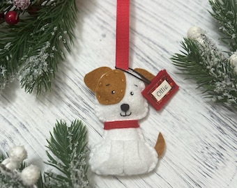 Enfeite de Natal de cachorrinho, presente para amante de cães, enfeite personalizado para cachorro, cachorro de feltro, enfeite para árvore de Natal, etiqueta de presente para cachorro