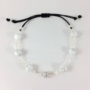 Howlite Beads With Zirconia Rhinestone Sterling Silver Bracelet