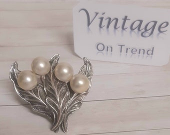 Art Nouveau Silver and Pearl leaf Brooch