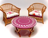 1 12 Dollhouse cane rattan armchairs and mirrored table set spring pink