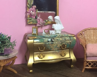 Dollhouse miniature gold chest of drawers with pink flower decoupage 1:12 scale