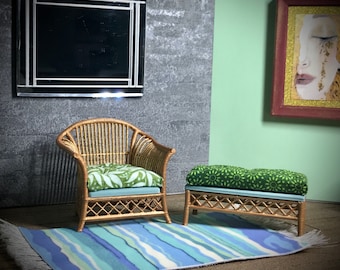 1:12 Dollhouse cane rattan rocking chair and foot-stool wine//gold//green