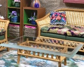 1 12 Dollhouse miniature table coffee rattan table w real beveled glass