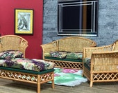 1 12 Dollhouse Victorian cane rattan living room set wine gold green