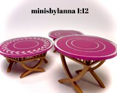 1 12 Dollhouse cane rattan side table set (3) purple etched mirror round tops
