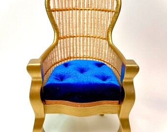 1:6 Dollhouse miniature Victorian rattan velvet Royal blue chair