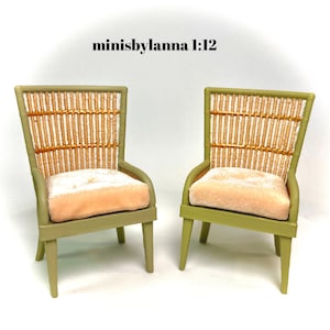 1:12 Dollhouse miniature pair of armchairs Art Deco rattan large light green vanilla cushion