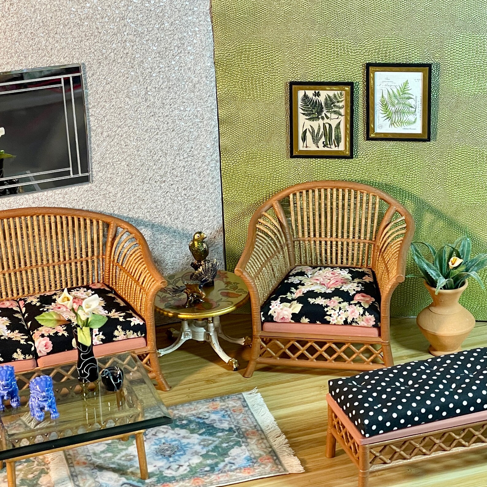 16 Dollhouse cane rattan living room set light Pink & Floral Etsy