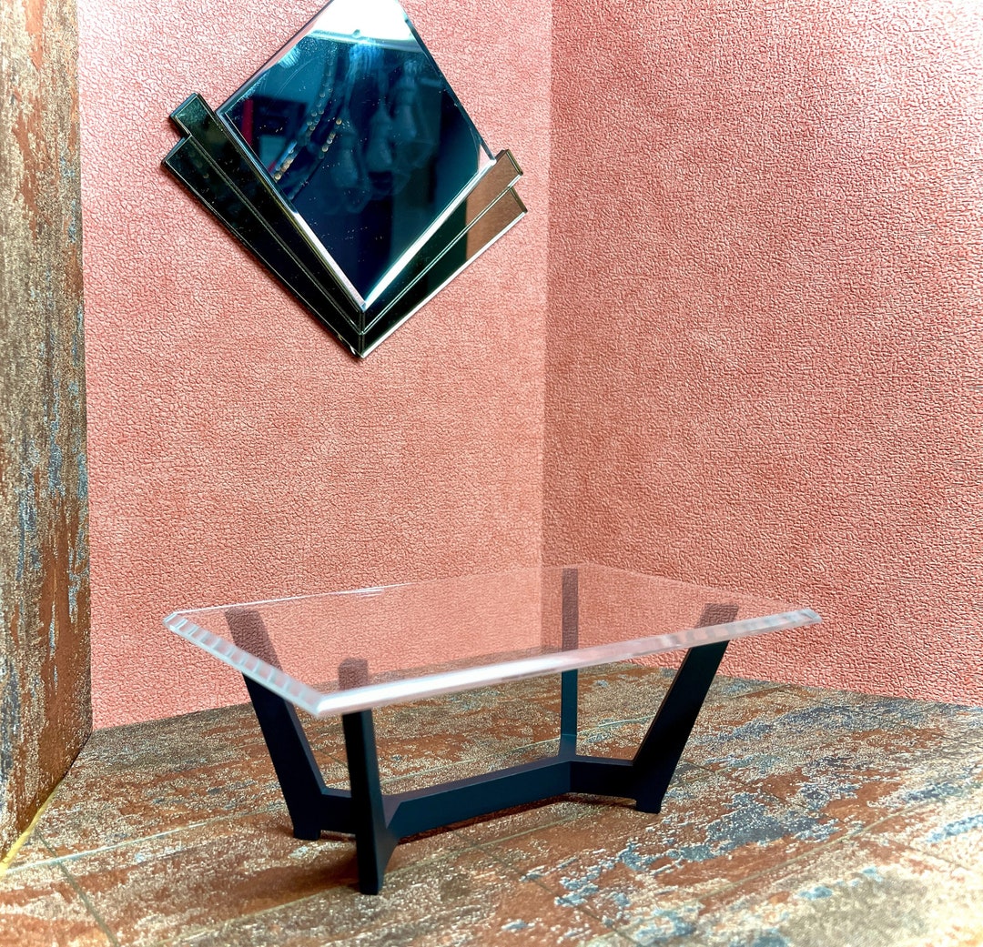 16 Dollhouse Miniature Art Deco Coffee Table Black Beveled Glass