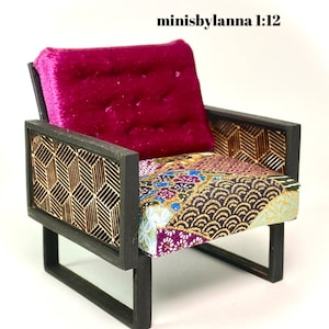1:12 Dollhouse wooden Art Deco lattice armchair geometric blue - Various Colors