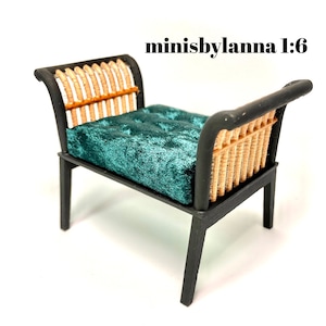 1:6 Puppenhaus Miniatur Holz Art Deco Rattan Hocker Samt Frühlingsgrün