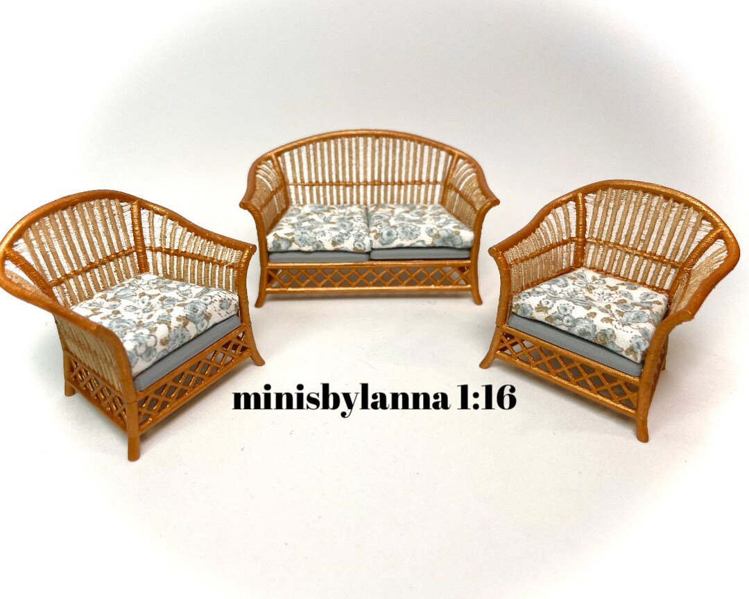 116 Dollhouse Cane Rattan Living Room Set Sofa Armchairs Blue Grey