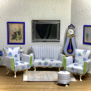 1:12 Dollhouse miniature living room set sofa and two armchairs - Blue Roses