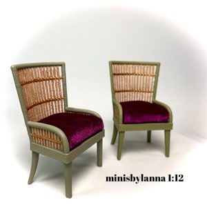 1:12 Dollhouse miniature pair of armchairs Art Deco rattan large light green pink cushion