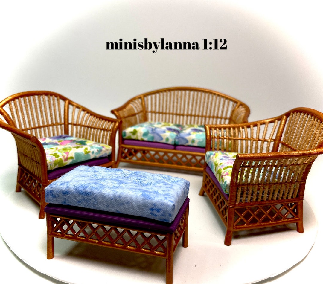 112 Dollhouse Cane Rattan Living Room Set Sofa Armchairs Stool Spring