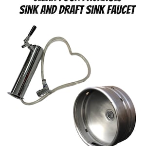 May include: A stainless steel draft faucet and a keg sink are displayed against a white background. The faucet is connected to a clear tube shaped like a heart. The text "CLEAN POUR PACKAGE. SINK AND DRAFT SINK FAUCET" is at the top.