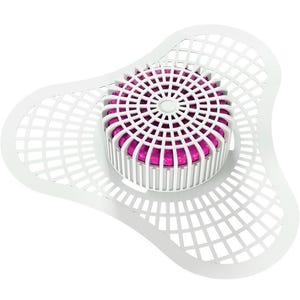 May include: A white urinal screen with a circular, grid-like design. The centre features a cylindrical, white structure with a pink, solid core. The screen has a three-point, open-weave design.