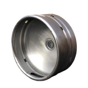 May include: A stainless steel beer keg with a circular design. The keg has a silver finish and a drain in the centre. There are several small openings around the top edge of the keg.