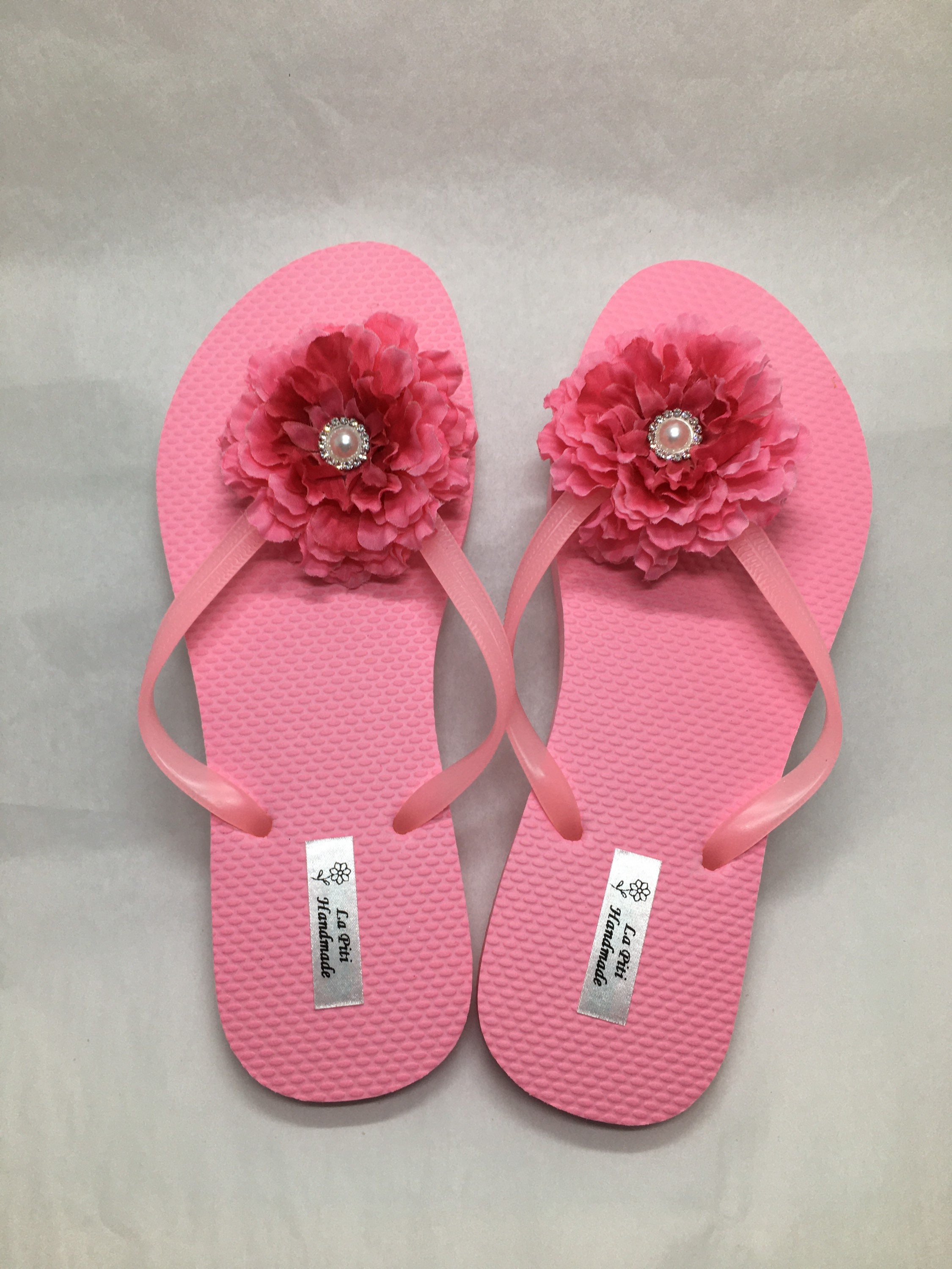 Pink Flip Flops With Pink Flowers and White-silver Rhinestone Pearl  Buttons. 