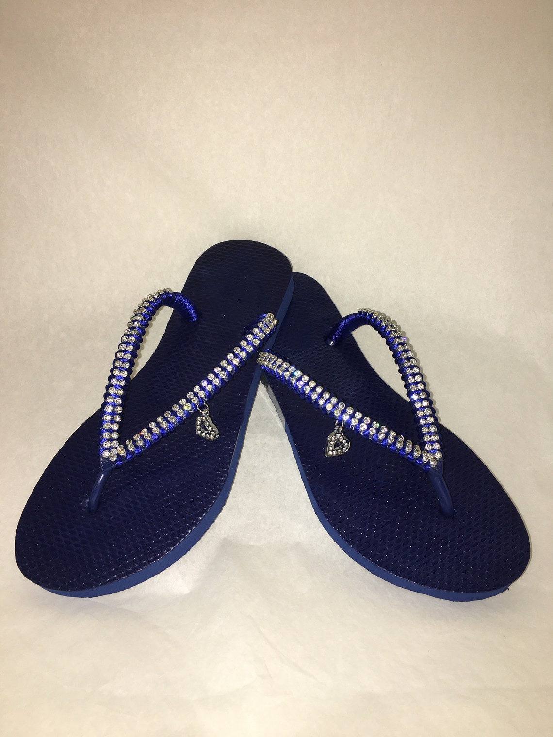 Navy Blue flip flops with silver Crystal Rhinestone trim and a | Etsy