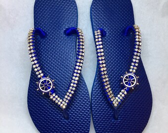navy blue flip flops with bling