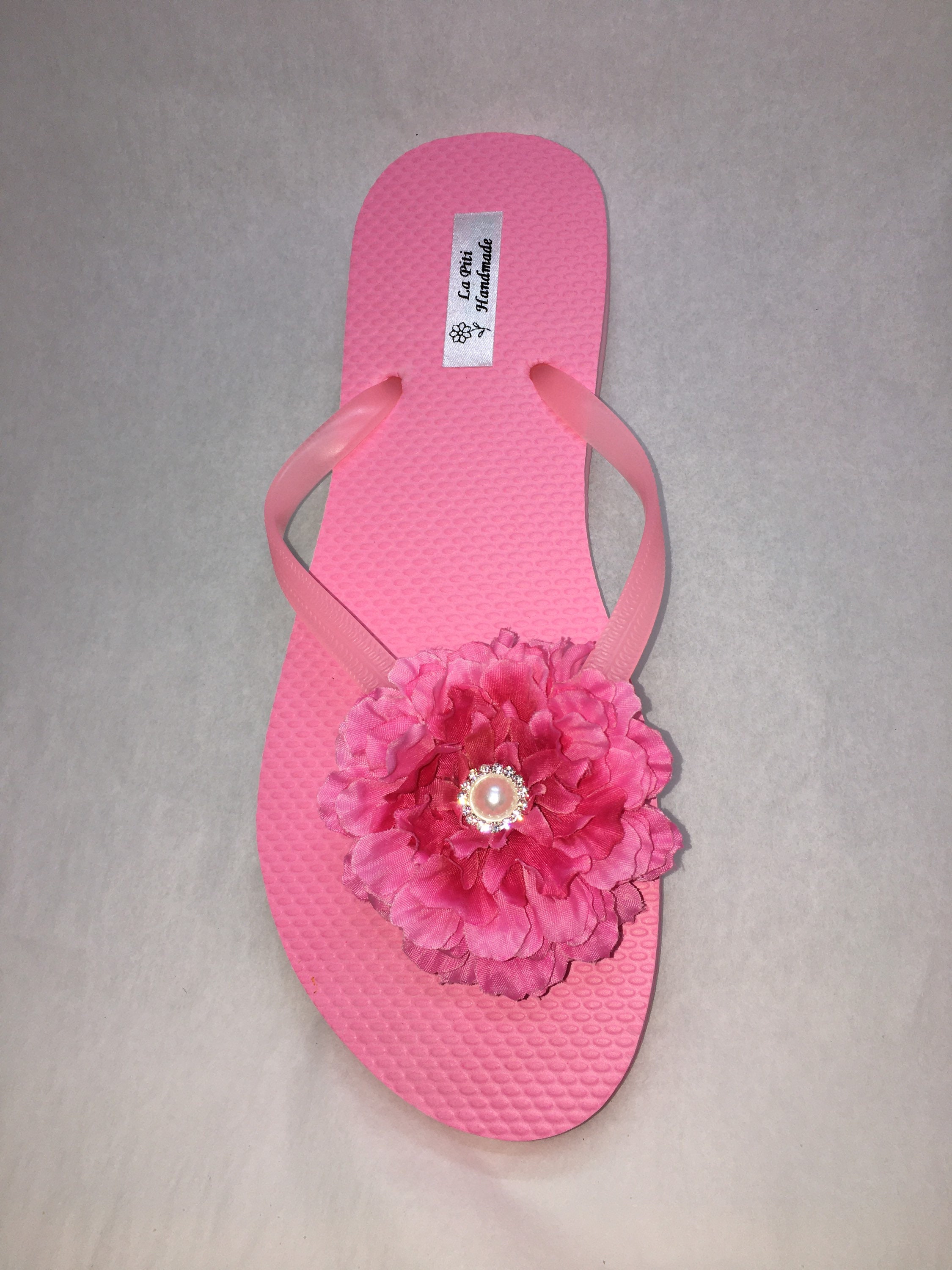 Pink Flip Flops With Pink Flowers and White-silver Rhinestone Pearl ...