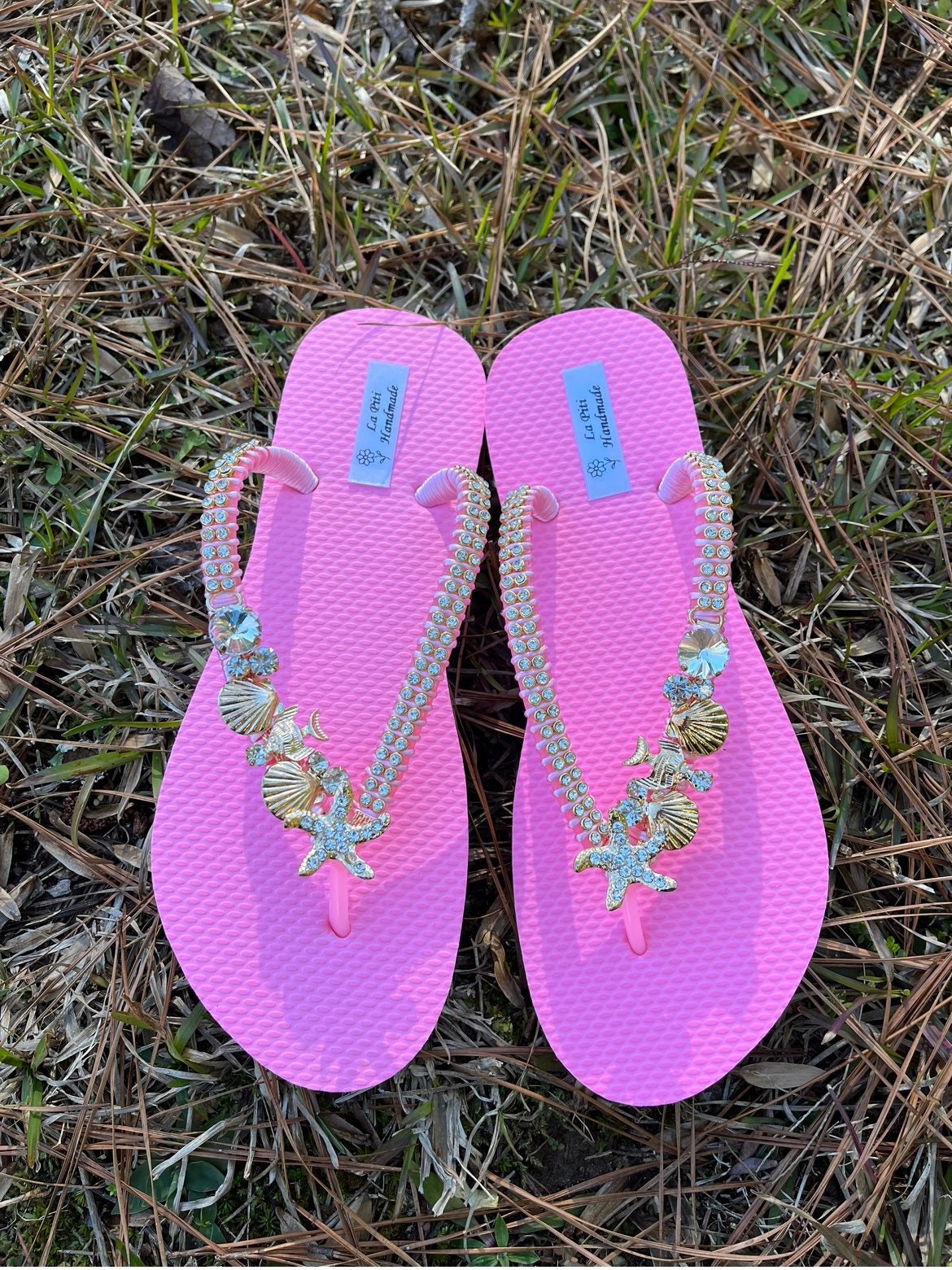 Pink Flip Flops With Gold Sea Style Rhinestone Metal Chain and Gold
