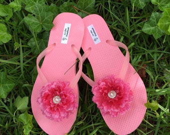 Pink flip flops with  Pink Flowers and White-Silver Rhinestone Pearl  buttons.