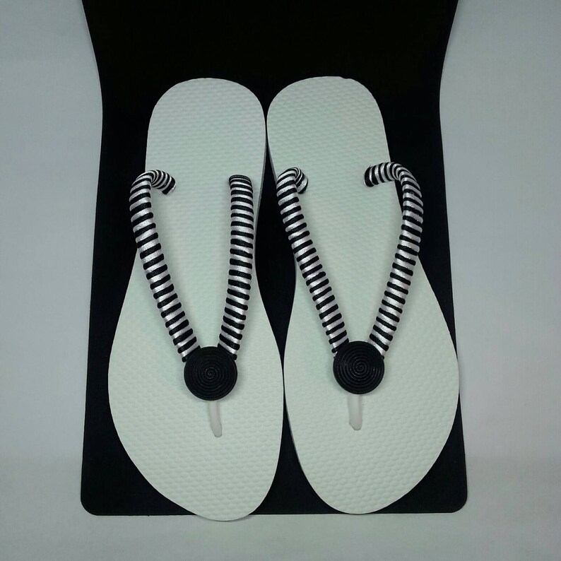 Beach flip flops Any occasion black and white women/'s  flip flops Black and white striped flip flops with black button for women