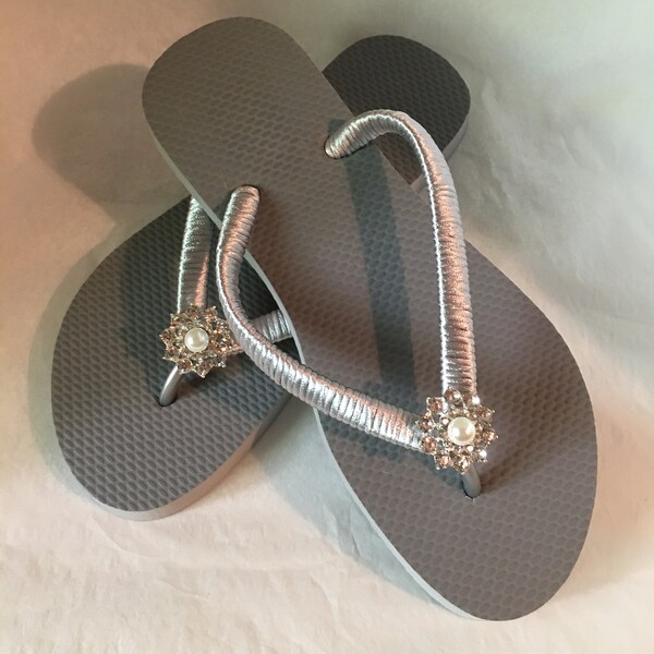 Silver-Gray flip flops with Silver satin ribbon and Silver Crystal Pearl Buttons.