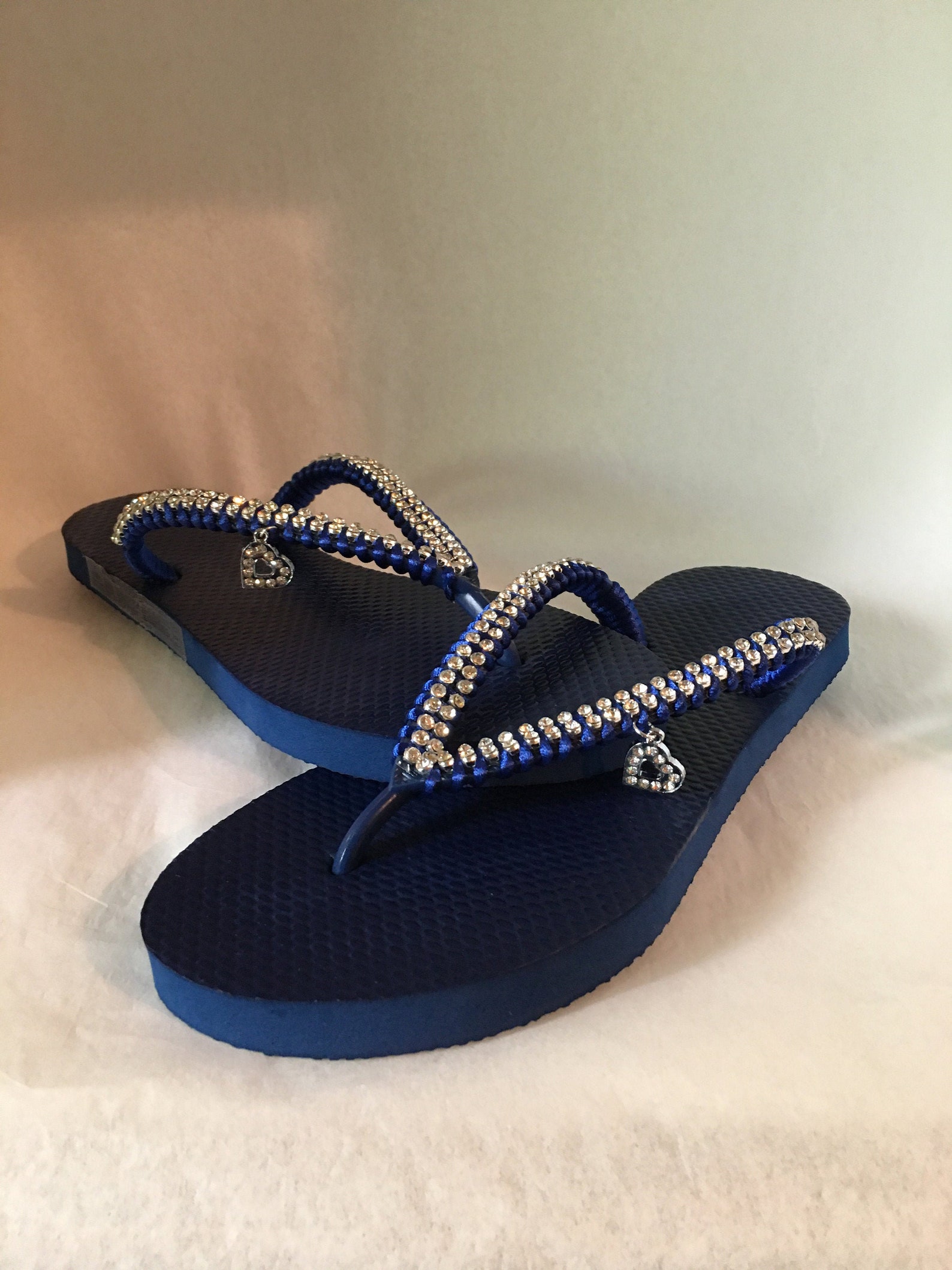 Navy Blue flip flops with silver Crystal Rhinestone trim and a Etsy