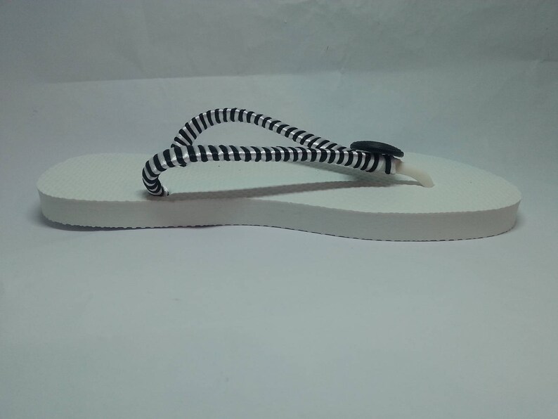 Beach flip flops Any occasion black and white women/'s flip flops Black and white striped flip flops with black button for women