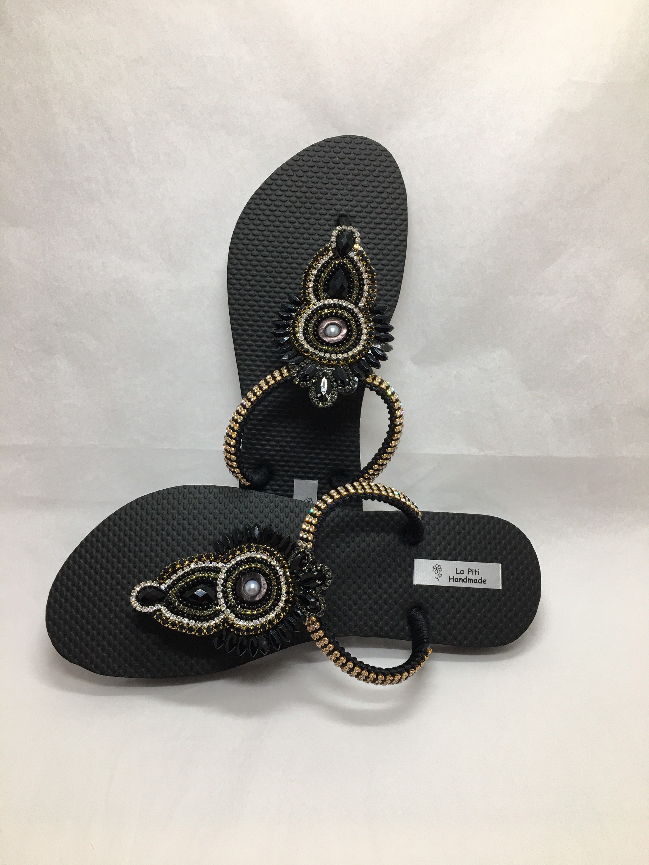 Black Flip Flops With Black and Gold Flowershape Crystal Etsy