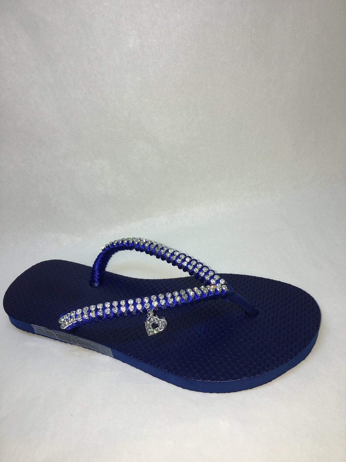 Navy Blue Flip Flops With Silver Crystal Rhinestone Trim and a Little
