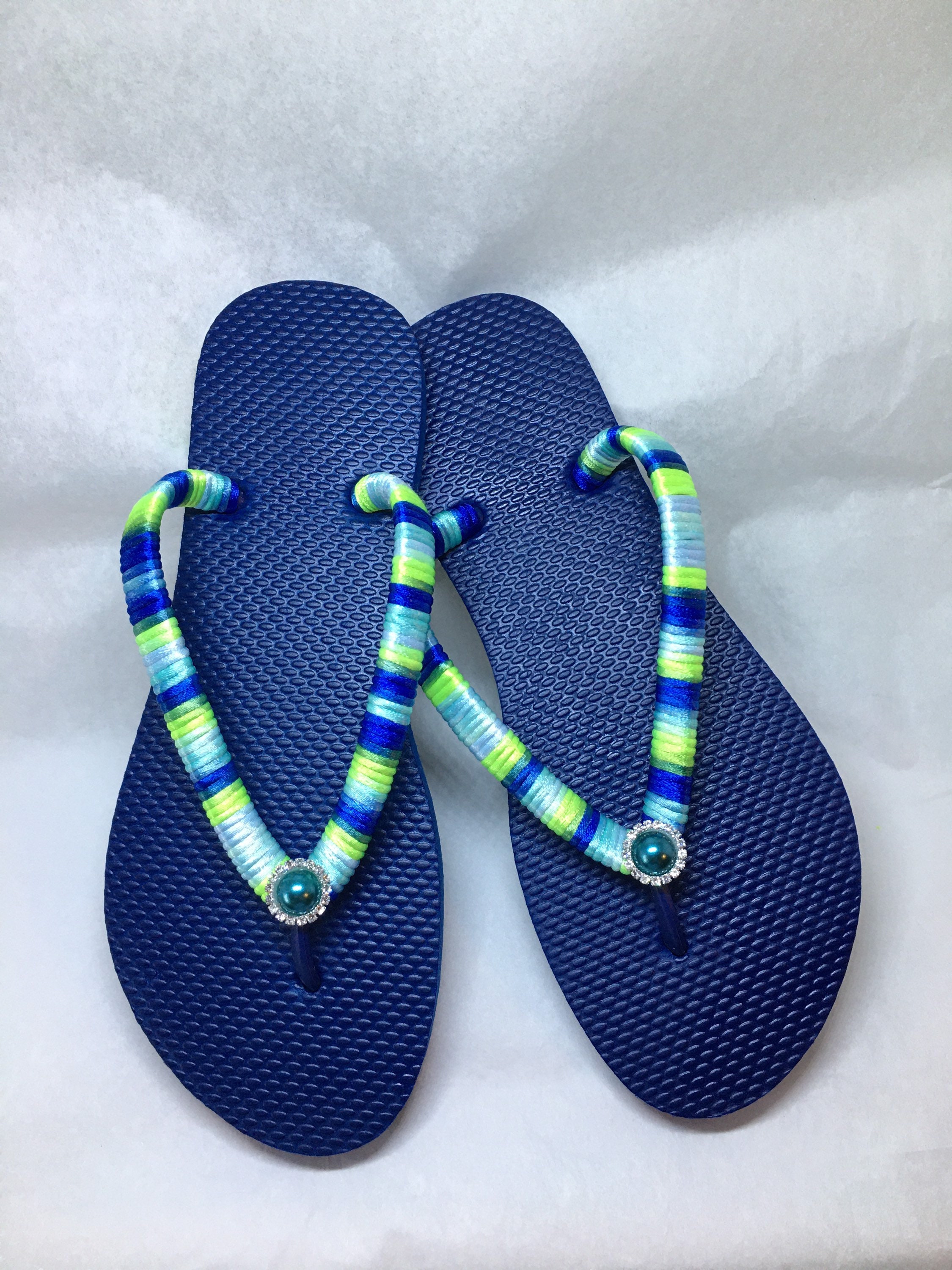 Navy Blue Flip Flops with multicolor Satin Ribbon and Blue Etsy