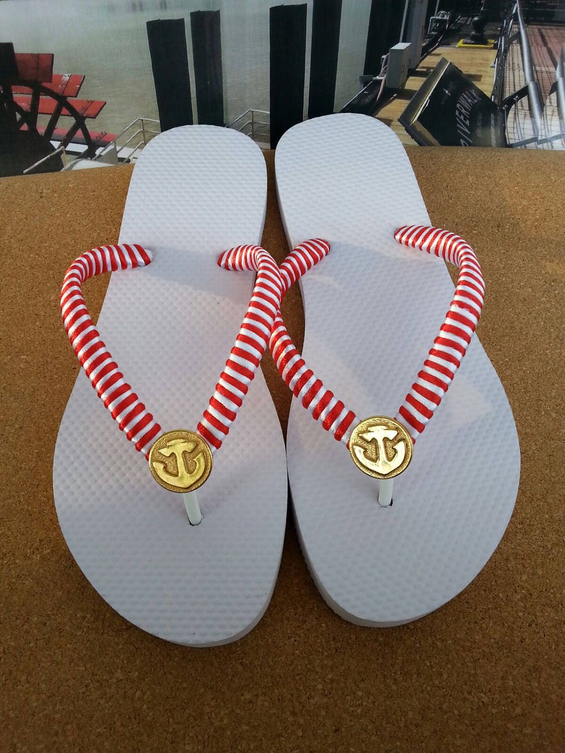 White and Red Flip Flops With Gold Anchor Buttons. Beach White and Red ...