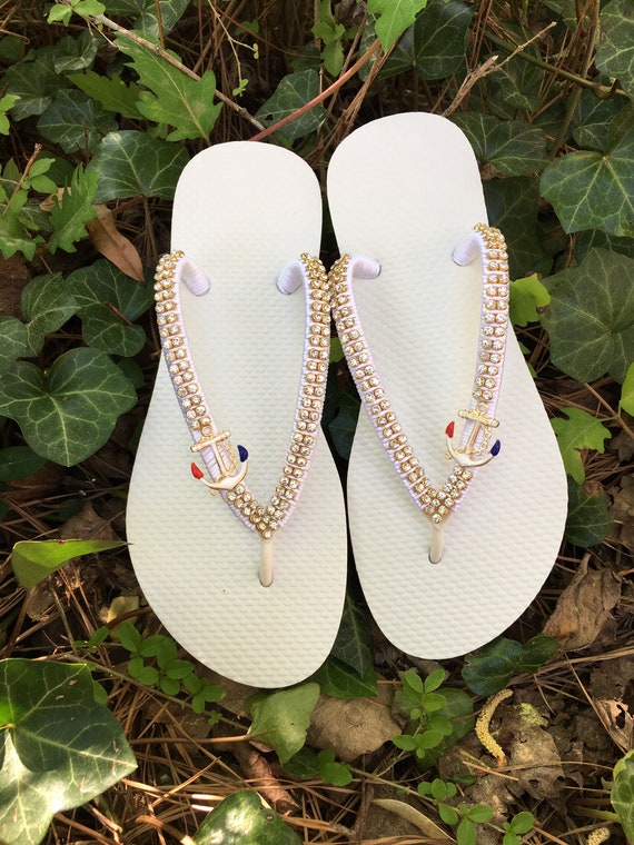 White Flip Flops With Gold Crystal Rhinestone Trim and White gold