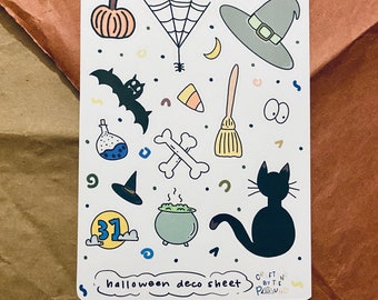 Halloween Themed 5x7 Illustrated Sticker Sheet ((UPDATED)) | Spooky Sticker Sheet, Halloween Stickers, Planner Sticker Sheet, Cute Stickers